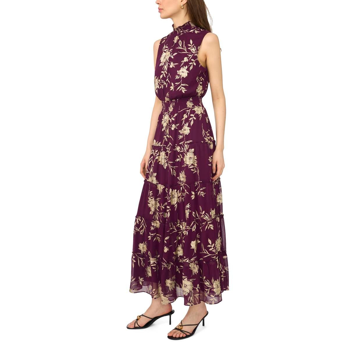 Womens MSK Sleeveless Mock Neck Foil Floral Tier Maxi Dress
