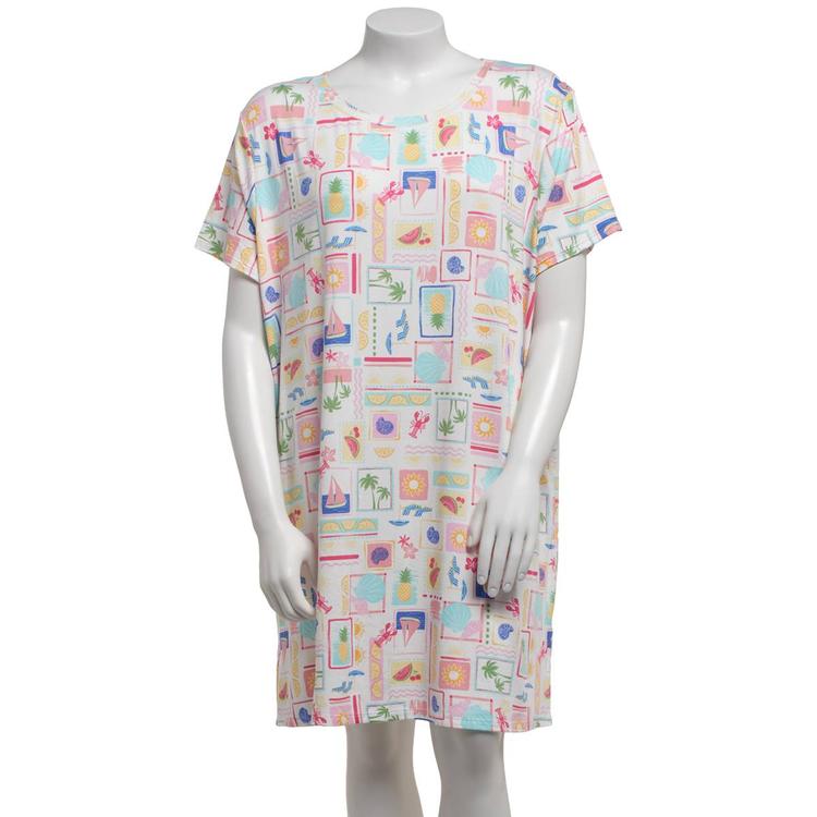 Plus Size Jaclyn Short Sleeve Tropical Scoop Neck Nightshirt