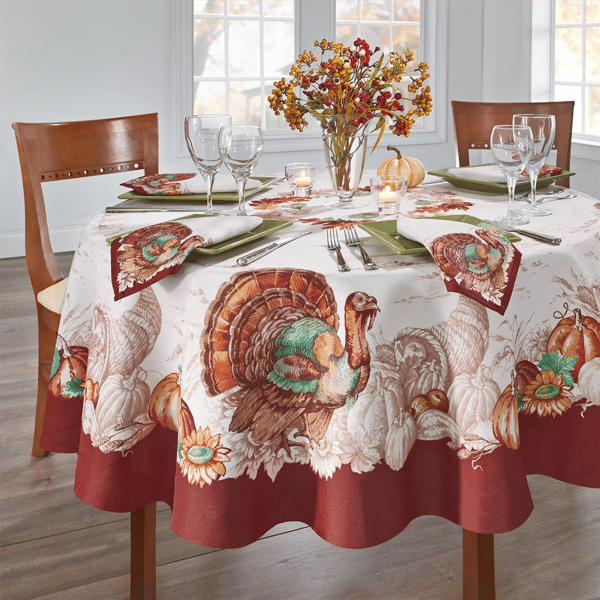 Threadmade Holiday Turkey Bordered Fall Tablecloth