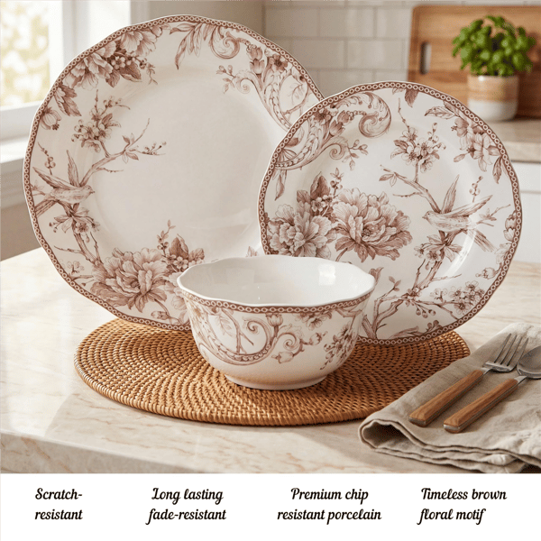 222 Fifth Adelaide Brown on White Porcelain 12pc. Dinnerware Set