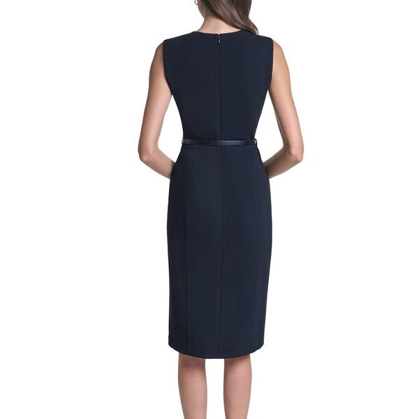 Womens Calvin Klein Sleeveless Tuxedo Belt Crepe Sheath Dress