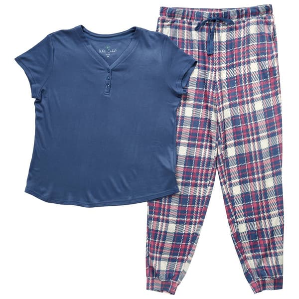 Petite White Orchid Short Sleeve Solid Tee Plaid Jogger Pajama - image 