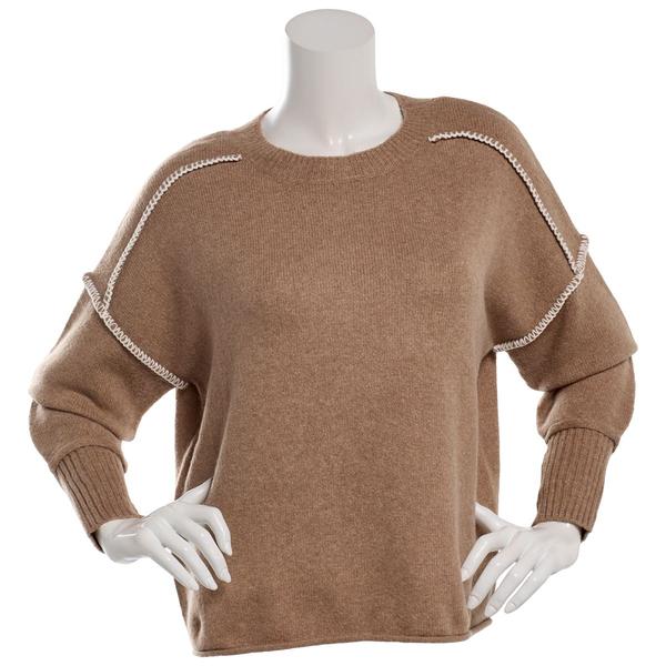 Juniors Pink Rose Mossy Whipstitch Drop Shoulder Pullover Sweater - image 