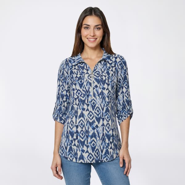 Womens Notations 3/4 Sleeve 2-Pocket Zip Ikat Jacquard Blouse - image 