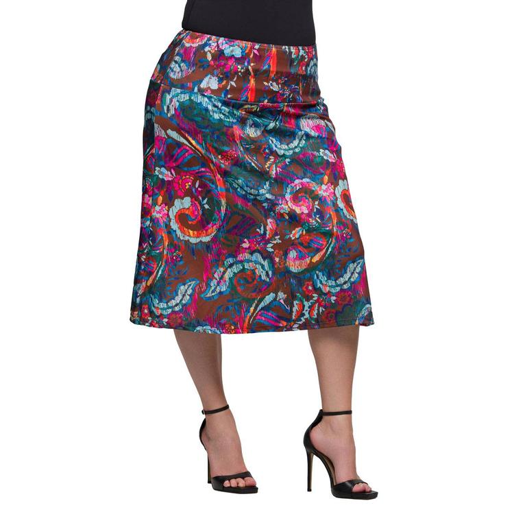 Plus Size 24/7 Comfort Apparel Brown Paisley Knee Length Skirt