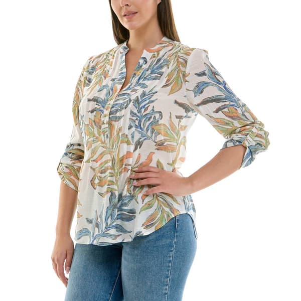 Womens Zac & Rachel 3/4 Roll Tab Sleeve Leaf Blouse