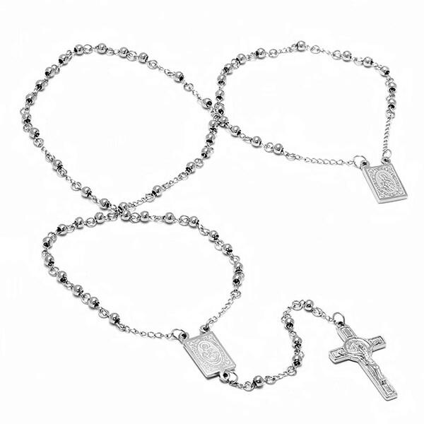 Mens Steetime Stainless Steel Beaded Rosary - image 
