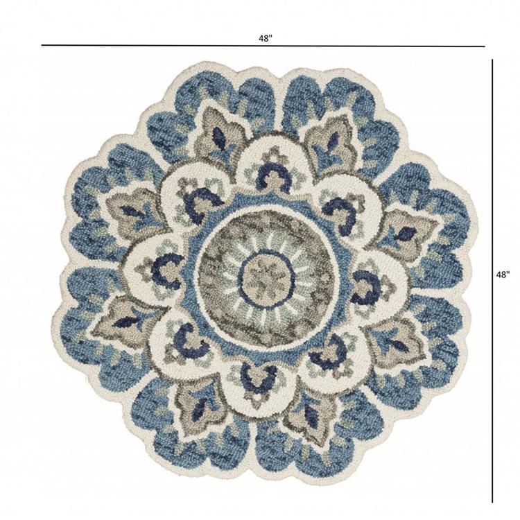 9th & Pike® Round Wool Blue & Cream Floral Hand Tufted Area Rug