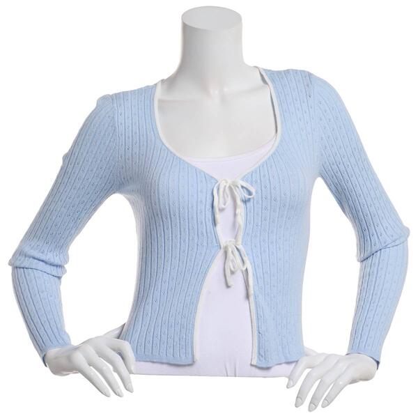 Juniors No Comment Pointelle Open Tie Front Cardigan - image 