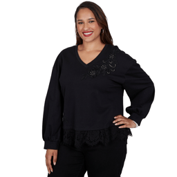Plus Size Ruby Rd. Mysterious Romance Lace Trim V-Neck Blouse