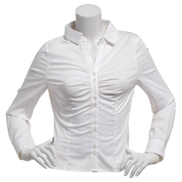 Juniors Love Tree Stretch Poplin Ruch Button Front Shirt - image 