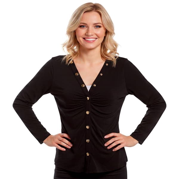Petite NY Collection Long Sleeve Crepe Button Front Blouse - image 