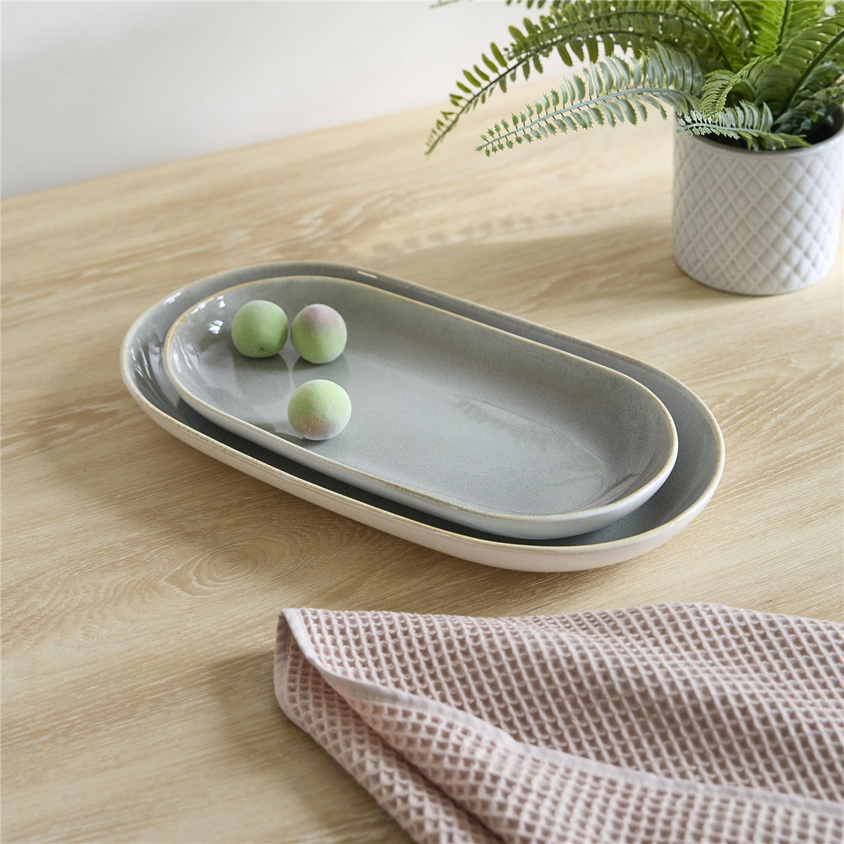 Sango Resona Moss/Cream Large Ceramic Serving Platters - Set of 2