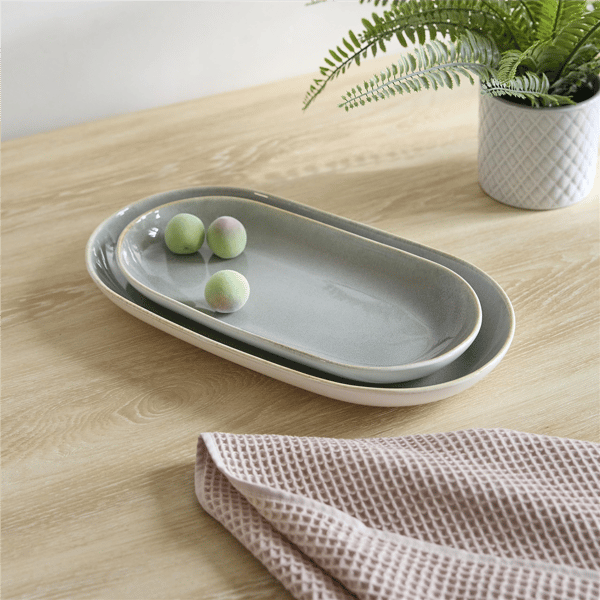 Sango Resona Moss/Cream Large Ceramic Serving Platters - Set of 2