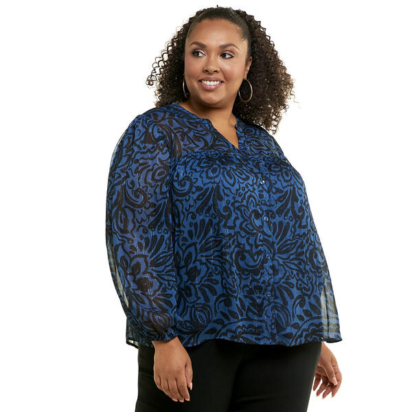 Plus Size Zac & Rachel 3/4 Sleeve Leaf Lurex Chiffon Blouse - image 
