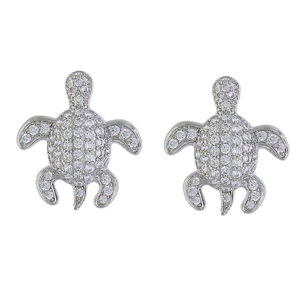 Fine Silver Plated CZ Turtle Stud Earrings - image 