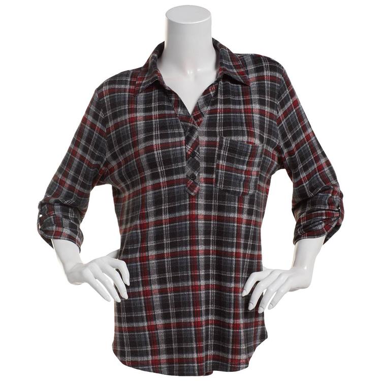 Womens Emily Daniels 3/4 Sleeve Plaid Hacci Blouse - Black/Red
