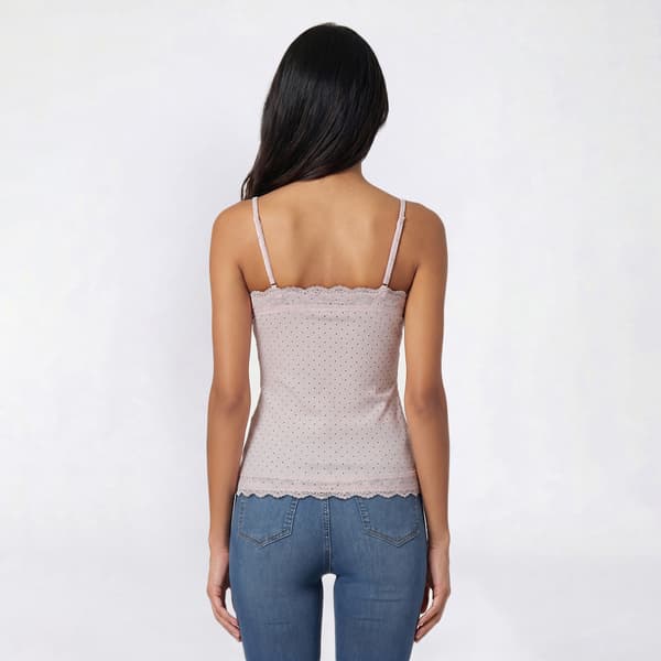 Juniors Pink Rose Rib Lace Trim Long Camisole w/ Dots