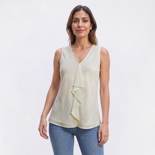 Womens Kasper Sleeveless Bias V Neck Stripe Cascade Ruffle Blouse