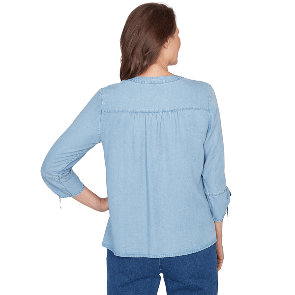 Petite Alfred Dunner Austin Floral Denim Tie Sleeve Blouse