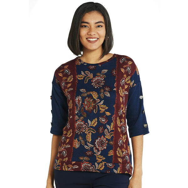 Womens NY Collection 3/4 Sleeve with Buttons Floral Hacci Top - image 