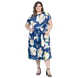 Plus Size 24/7 Comfort Apparel Blue Floral Fit & Flare Midi Dress