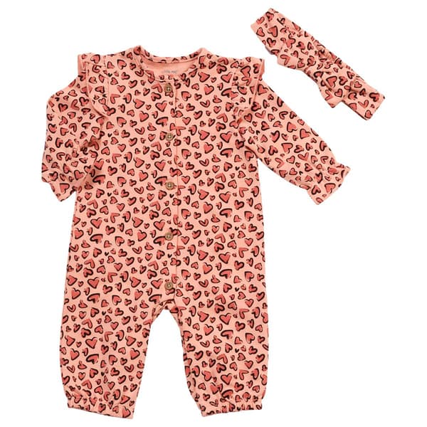 Baby Girl &#40;3-12M&#41; Little Me Leopard Heart Jumpsuit w/ Headband - image 