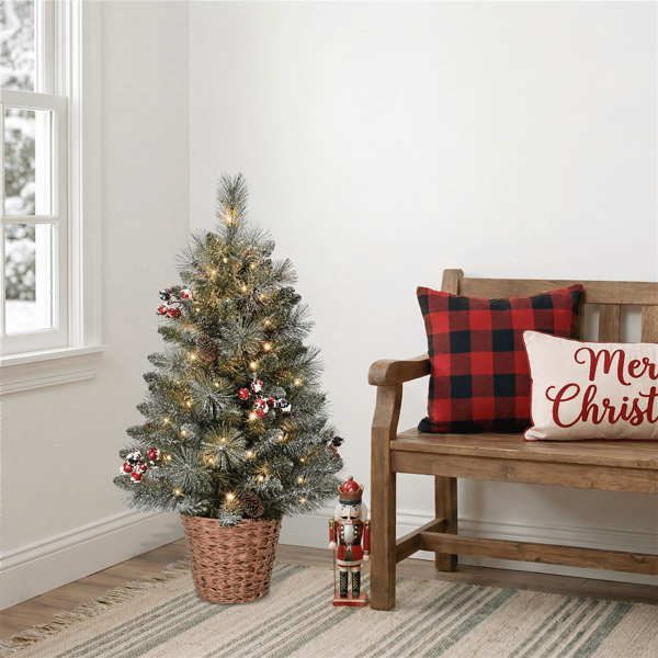 Puleo International 3ft. Pre-Lit Snowy Christmas Tree in Basket