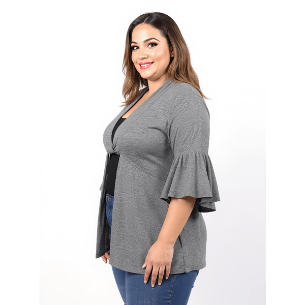 Plus Size 24/7 Comfort Apparel Tie Front Bell Sleeve Cardigan