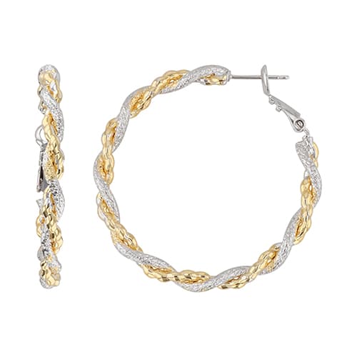 Fine Faux Two-Tone Twisted Diamond Cut Hoop Earrings - image 