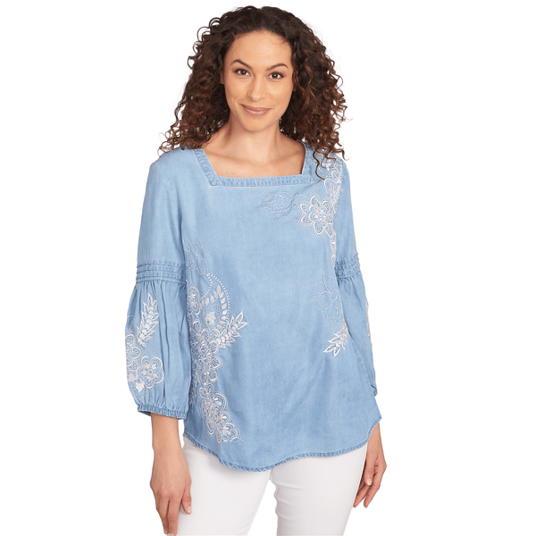 Plus Size Ruby Rd. Tinted Tides Floral Embroidered Tencel Top - image 
