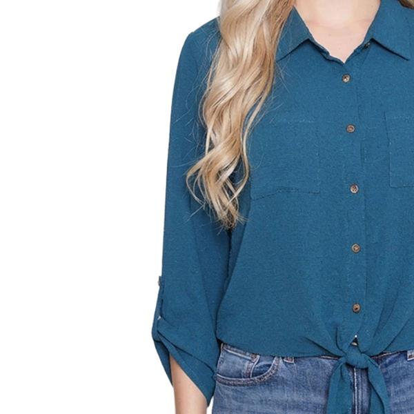 Womens NY Collection 3/4 Sleeve Roll Tab Casual Button Down
