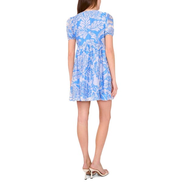 Petite MSK Puff Sleeve Floral Leaf Tie Neck A-Line Dress