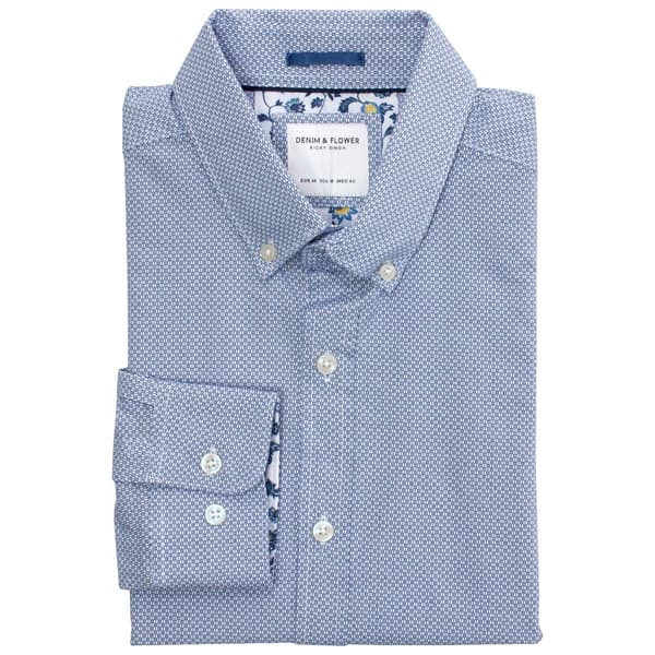 Mens Denim & Floral Long Sleeve Dress Shirt - Blue/White - image 