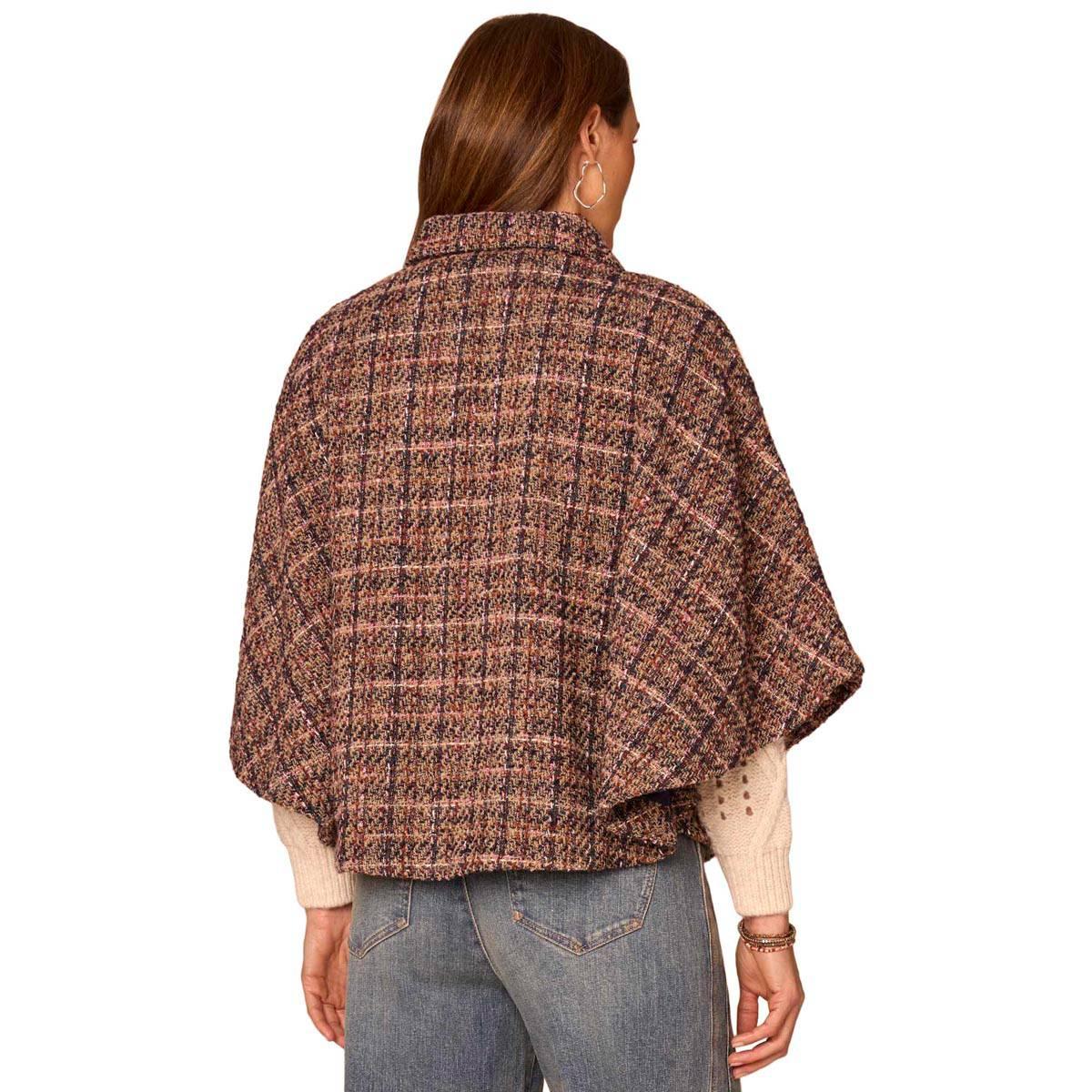 Womens Democracy Wide Collar Patch Pocket Plaid Capelet