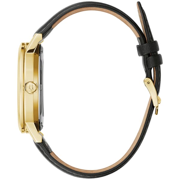 Mens Bulova Automatic Goldtone Black Leather Strap Watch - 97A154