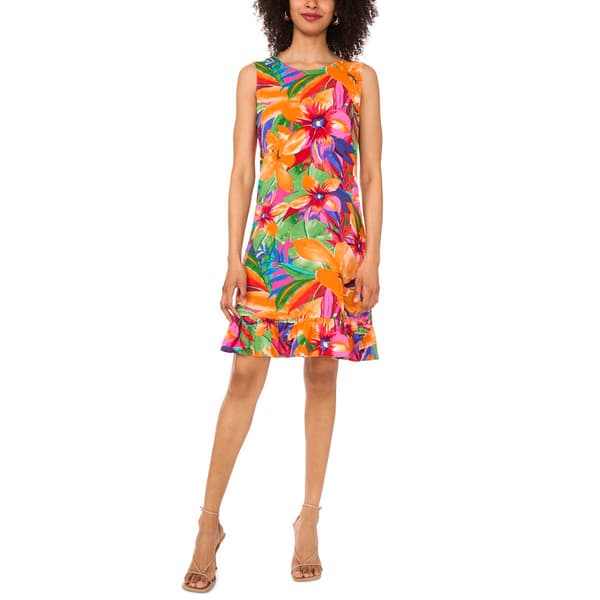 Womens MSK Sleeveless Tropical Challis Ruffle Hem Shift Dress
