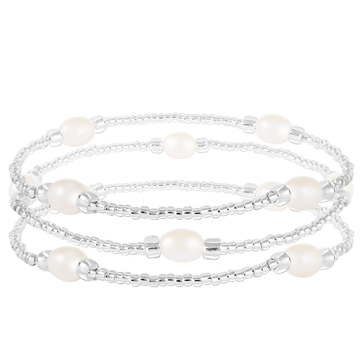 Splendid Pearls Trio of Elastic White Freshwater Pearl Bracelets