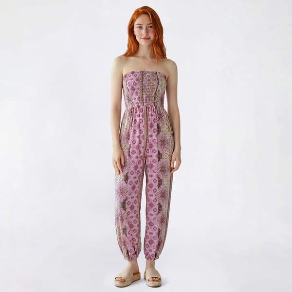 Juniors No Comment Strapless Smock Bodice Harem Jumpsuit-Ottoman