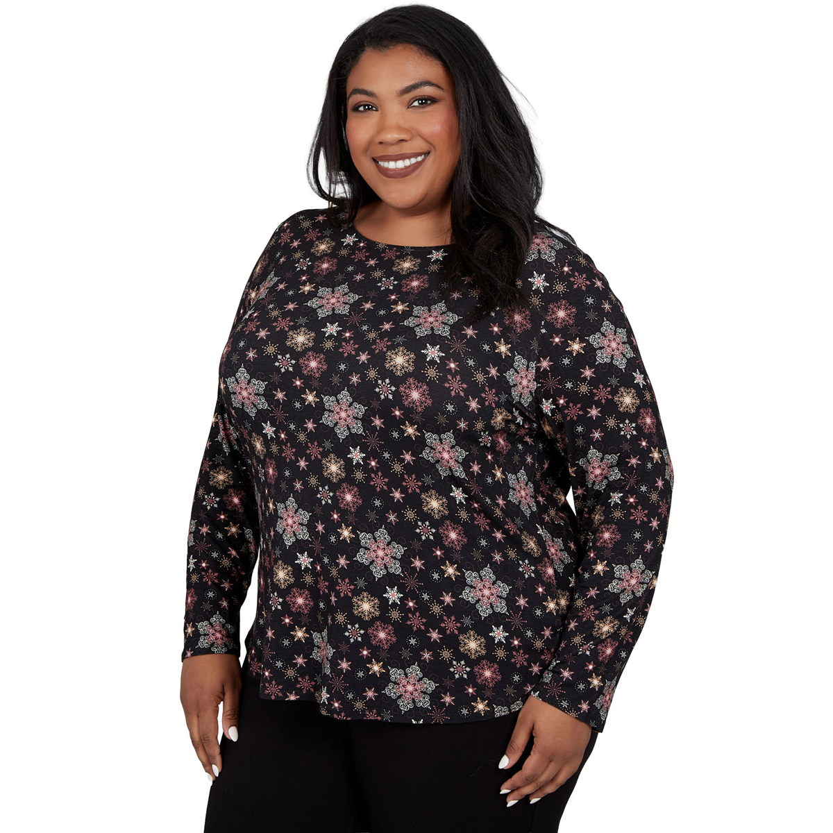 Plus Size Emaline Holiday Festivities Long Sleeve Snowflake Tee