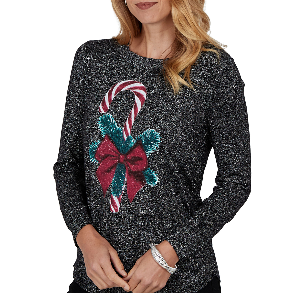 Womens Emaline Holiday Festivities Candy Cane Graphic Sweater