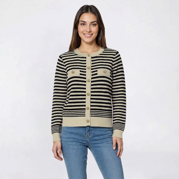 Womens Adrianna Papell Pointelle Stripe Button Front Sweater - image 