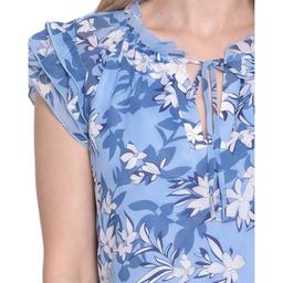 Womens NY Collection Layered Cap Sleeve Tie Neck Floral Blouse