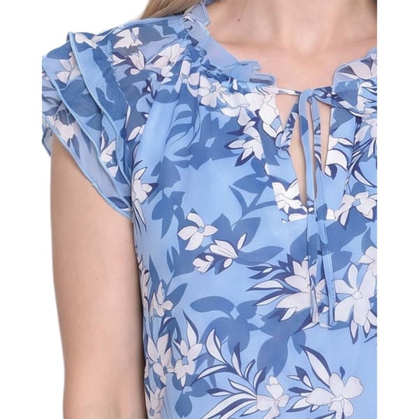 Womens NY Collection Layered Cap Sleeve Tie Neck Floral Blouse
