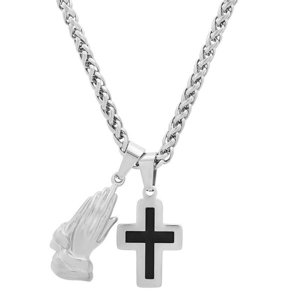 Mens Steeltime Stainless Steel Cross & Hand Prayer Necklace - image 