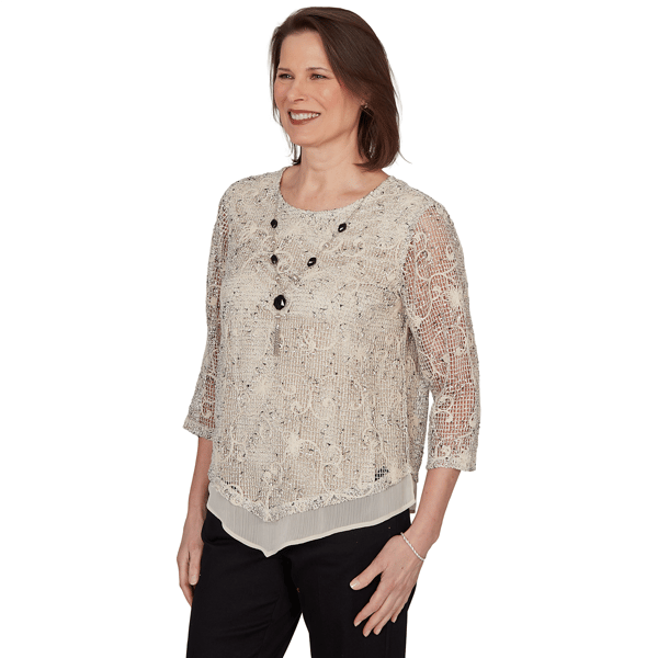 Petite Alfred Dunner Detail Driven 3/4 Sleeve Textured Blouse