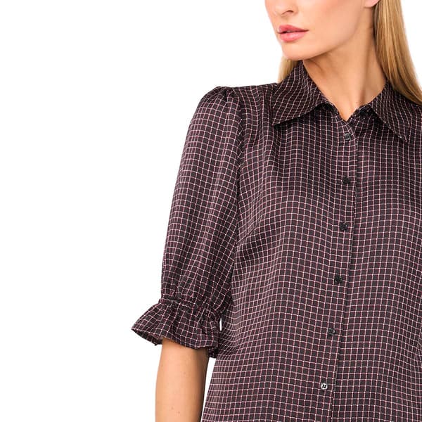 Womens Cece Elbow Puff Sleeve Plaid Button Front Blouse