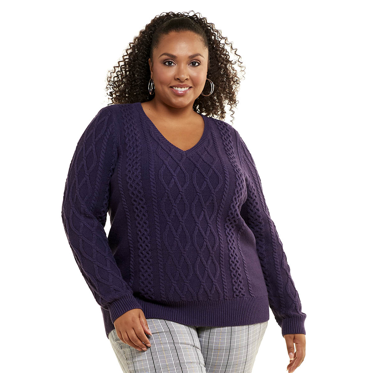 Plus Size Preswick & Moore(R) Solid Cable Knit V-Neck Sweater