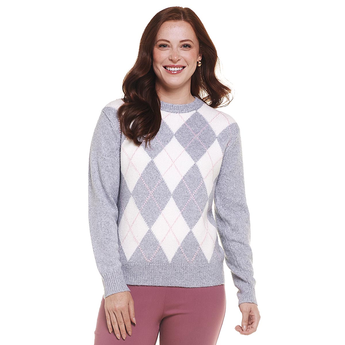 Womens Preswick & Moore(R) Long Sleeve Argyle Crewneck Sweater