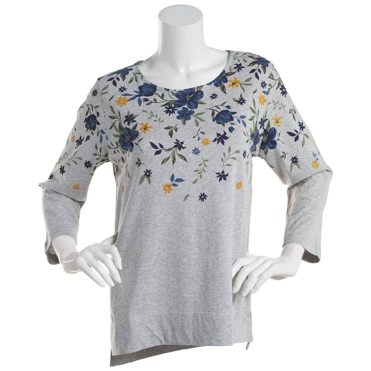 Womens Preswick & Moore(R) 3/4 Sleeve Floral Placed Marled Tee